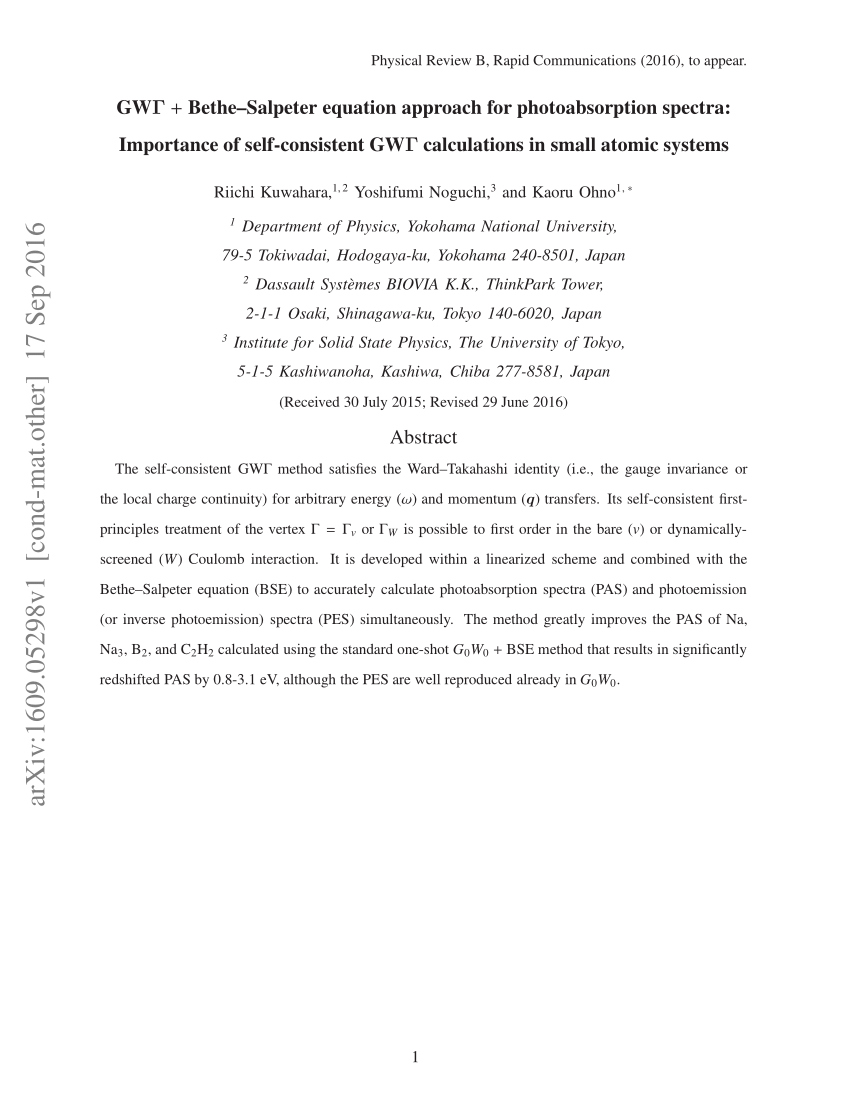 Pdf Gw Gamma Bethe Salpeter Equation Approach For Photoabsorption Spectra Importance Of Self Consistent Gw Gamma Calculations In Small Atomic Systems