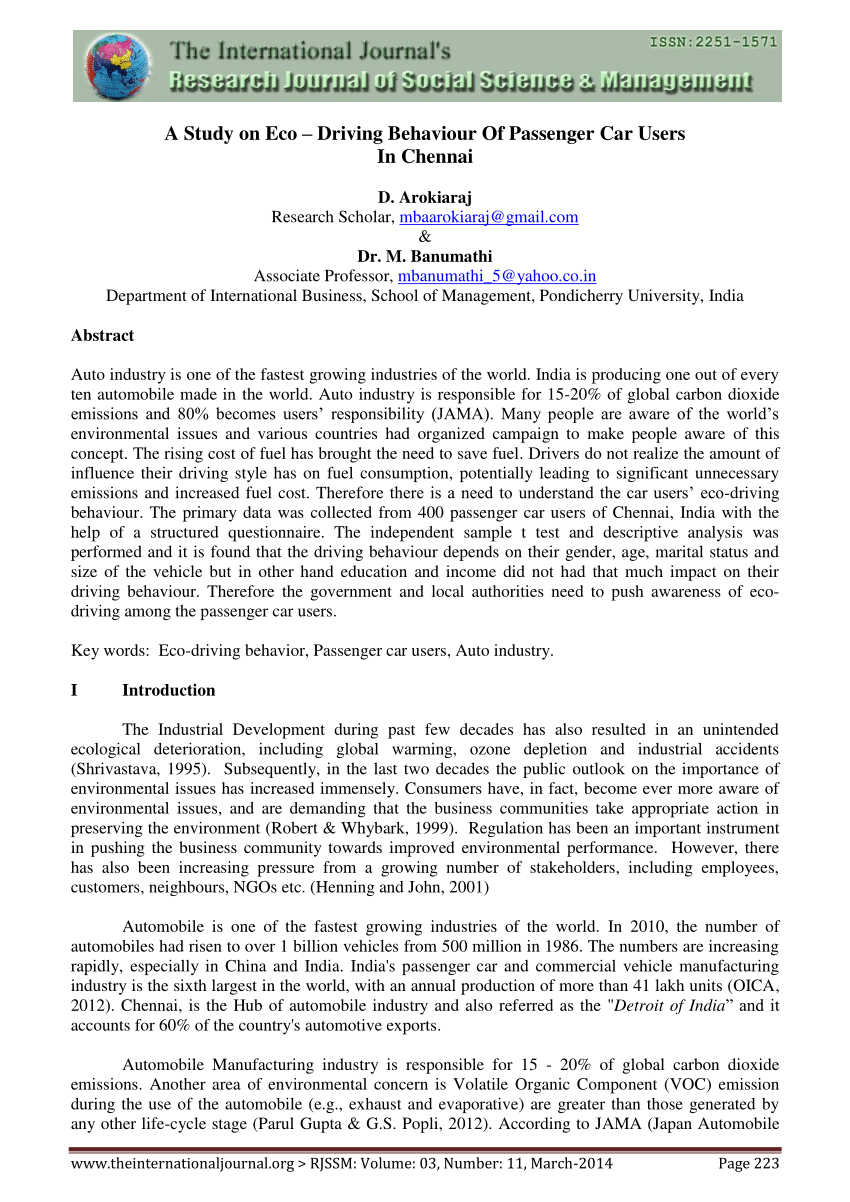 Pdf A Study On Eco Driving Behaviour Of Passenger Car Users In Chennai