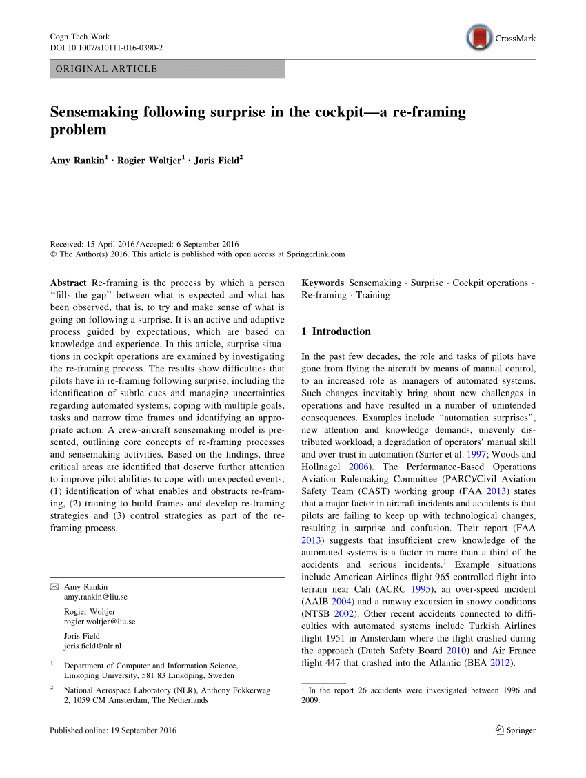 PDF) Sensemaking following surprise in the cockpit—a re-framing problem