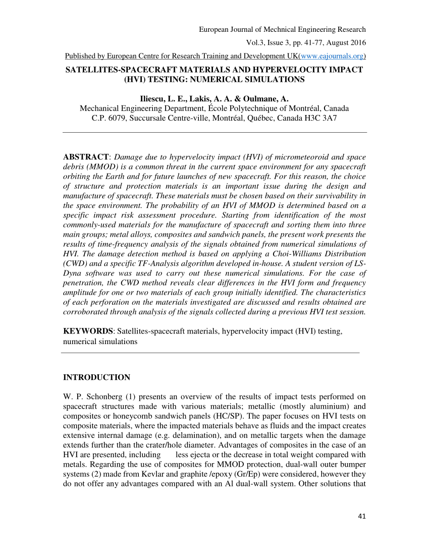 Pdf Satellites Spacecraft Materials And Hypervelocity Impact Hvi Testing Numerical Simulations pdf satellites spacecraft materials