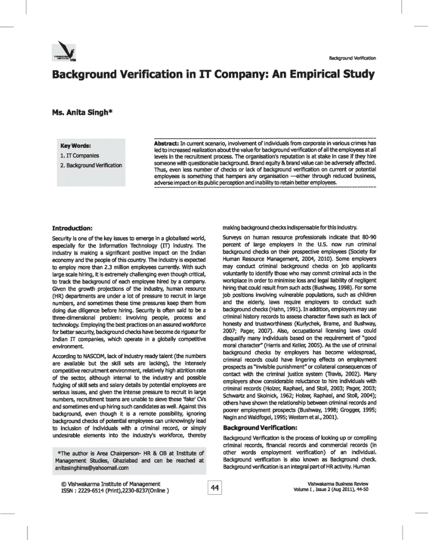 PDF) Background Verification in IT Company: An Empirical Study