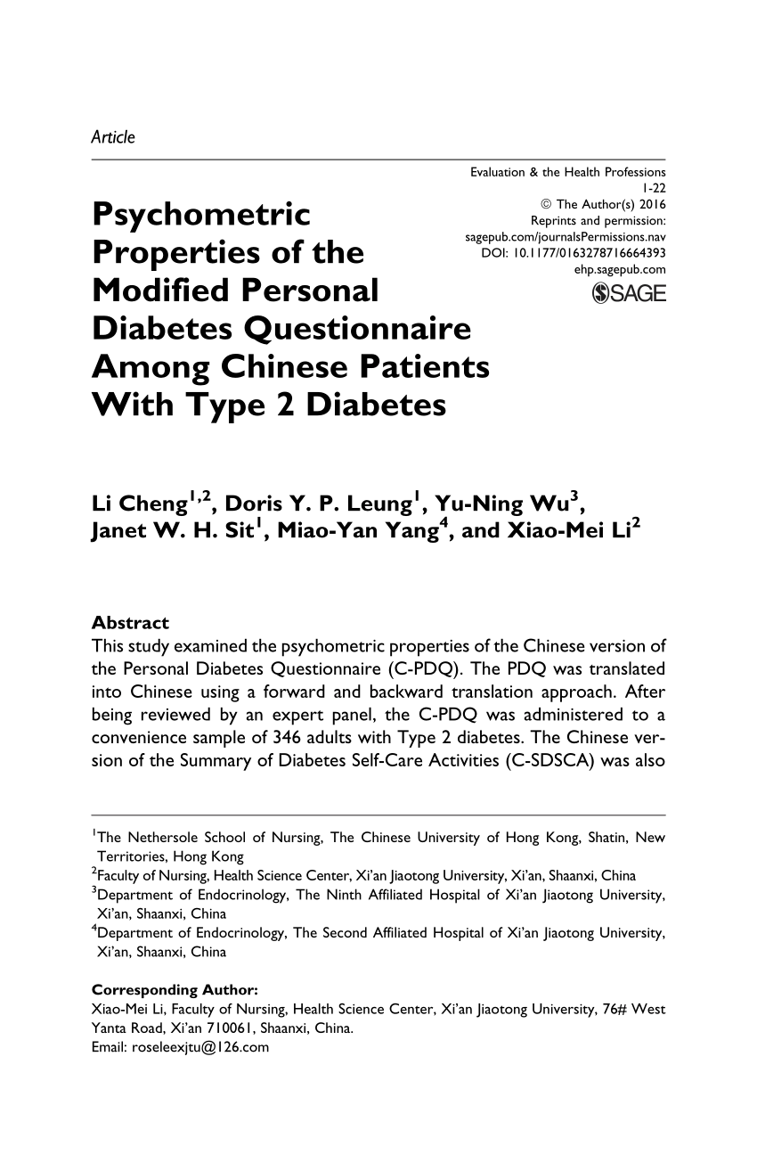 Pdf Psychometric Properties Of The Modified Personal Diabetes Questionnaire Among Chinese Patients With Type 2 Diabetes