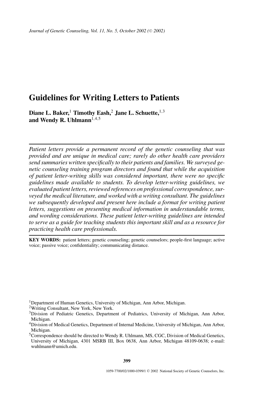PDF) Guidelines for Writing Letters to Patients For Letter Of Counseling Template