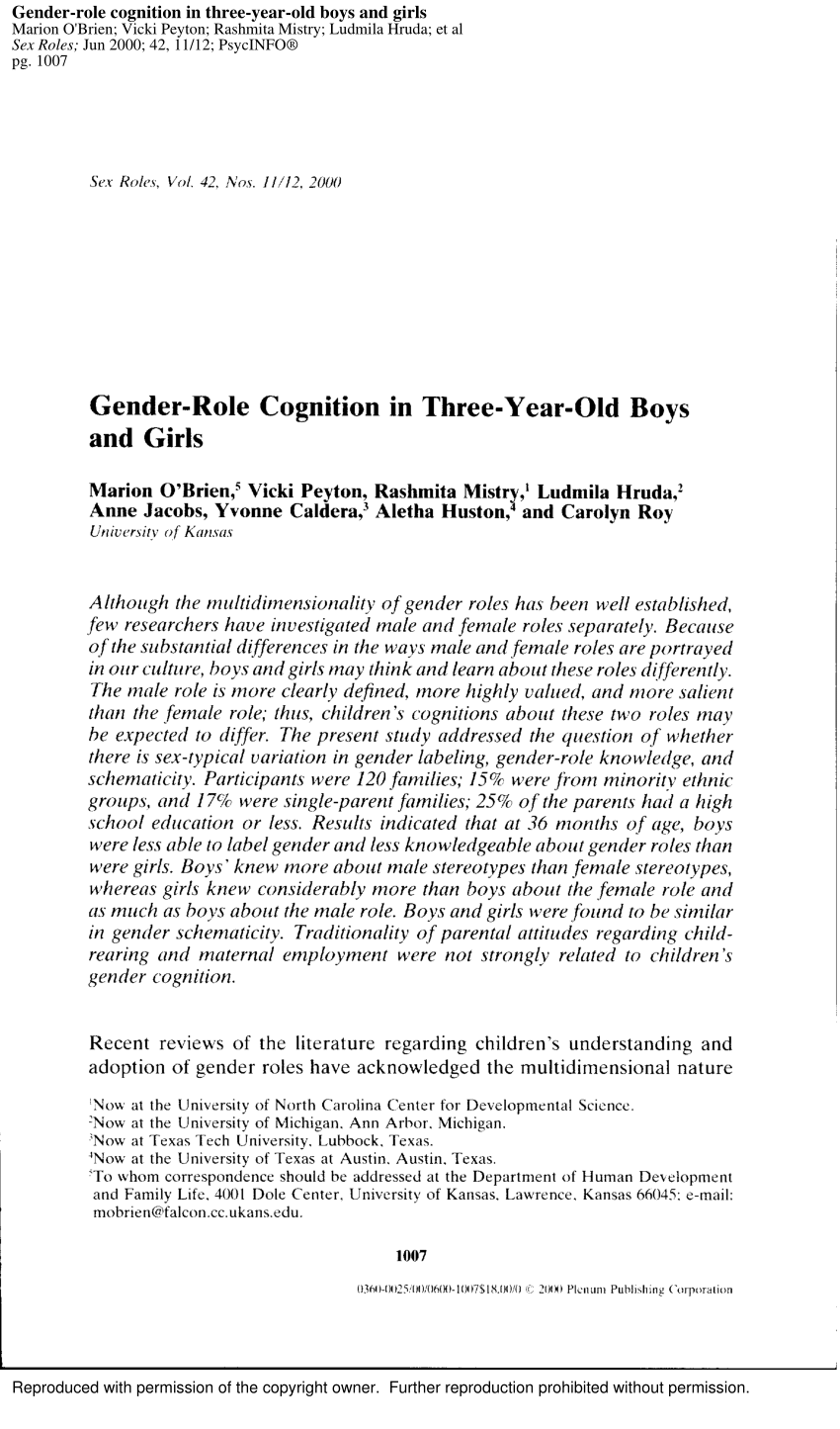 PDF) Gender-Role Cognition in Three-Year-Old Boys and Girls