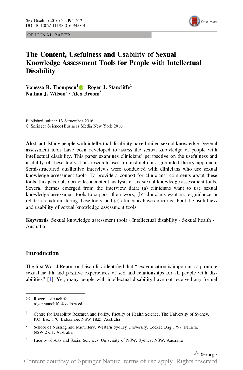 The Content Usefulness And Usability Of Sexual Knowledge Assessment Tools For People With 2950