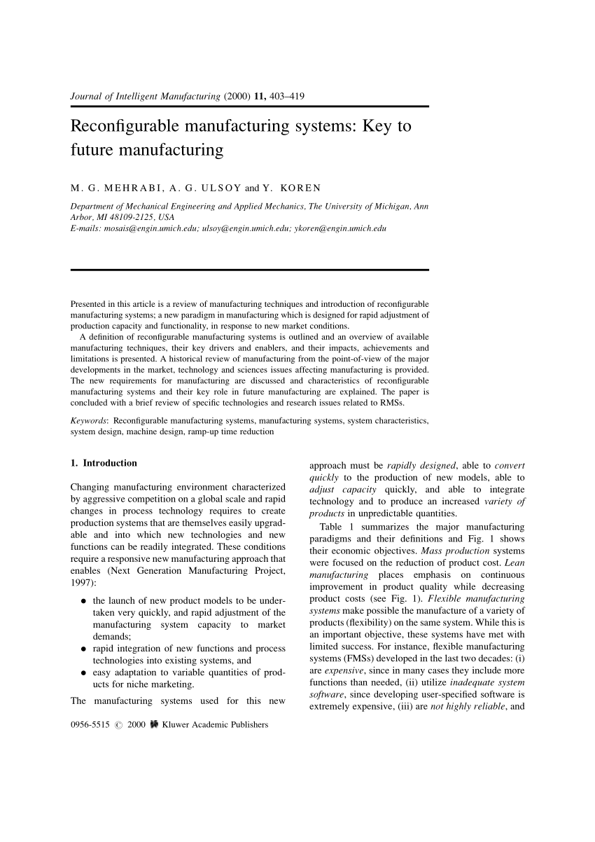 reconfigurable manufacturing systems literature review and research trend