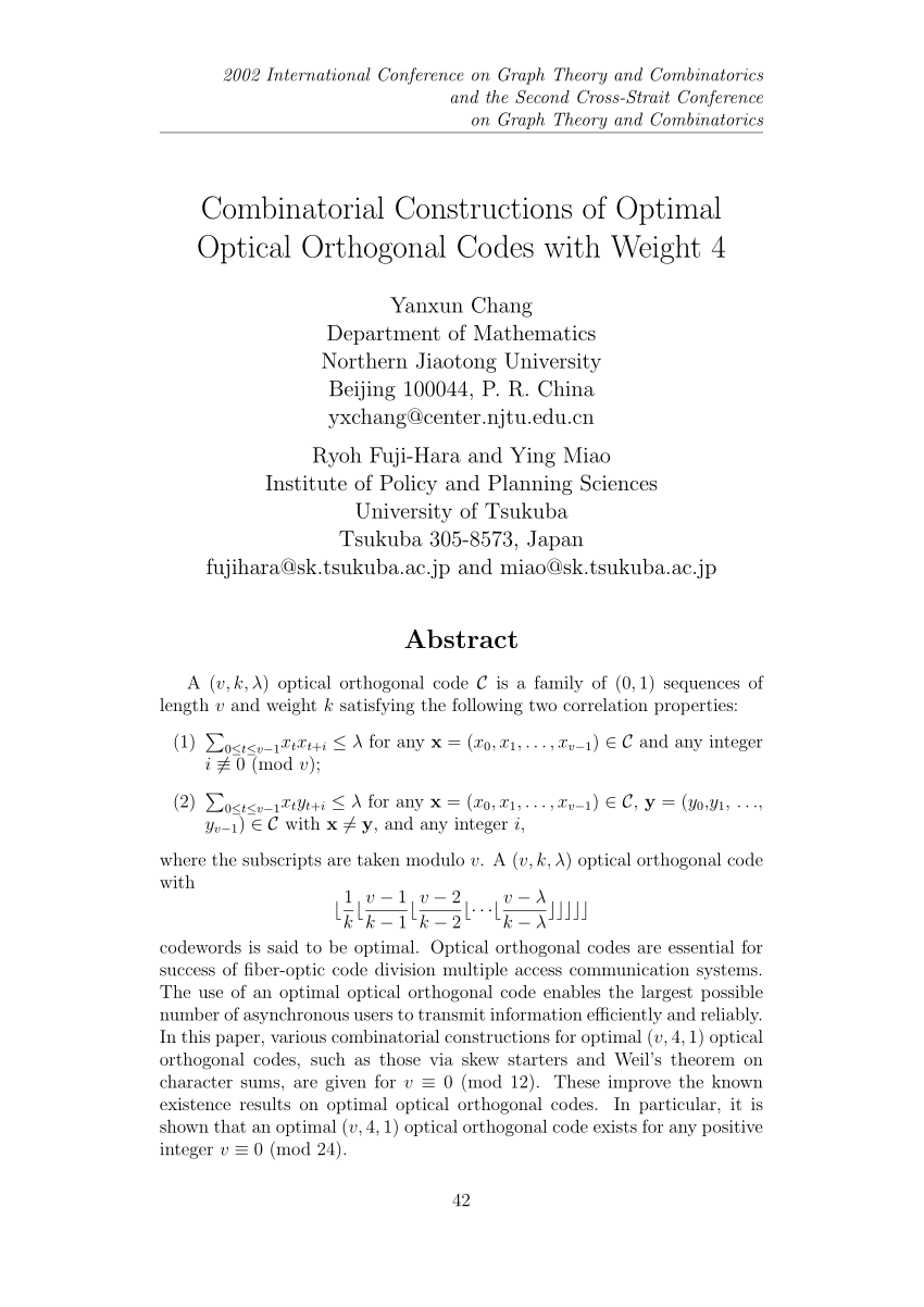 Pdf Combinatorial Constructions Of Optimal Optical Orthogonal Codes