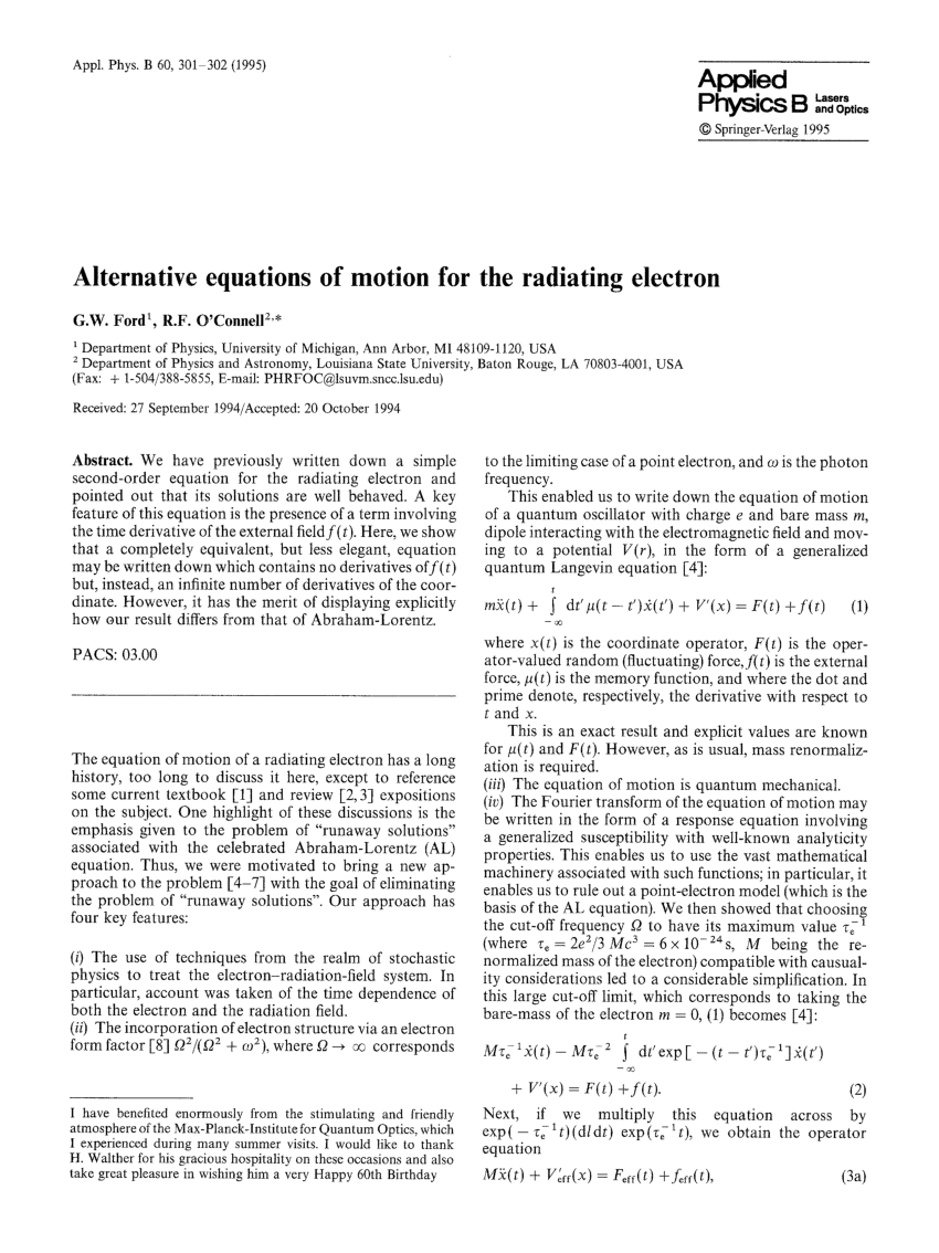 Pdf Alternative Equations Of Motion For The Radiating Electron