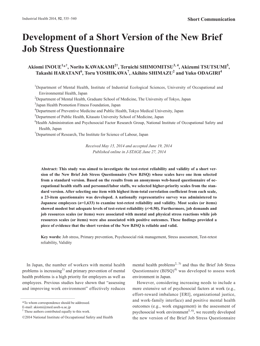 PDF) Development of the New Brief Job Stress Questionnaire
