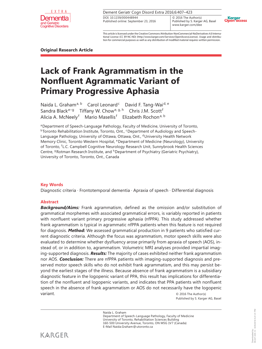 PDF) Lack of Frank Agrammatism in the Nonfluent Agrammatic Variant