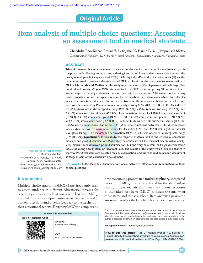 Pdf Item Analysis Of Multiple Choice Questions Assessing An Assessment Tool In Medical Students