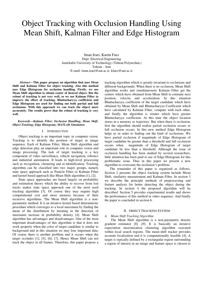 Pdf Object Tracking With Occlusion Handling Using Mean Shift Kalman Filter And Edge Histogram