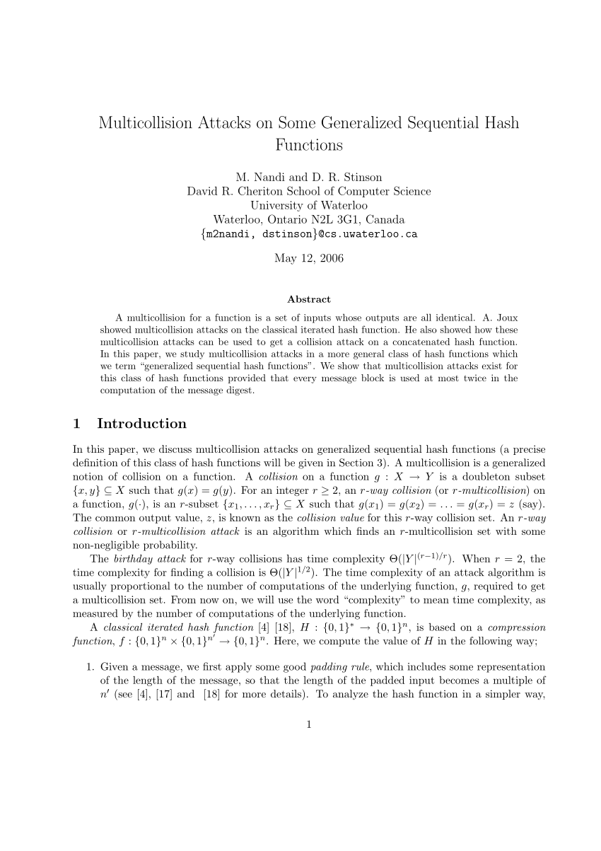 Pdf Multicollision Attacks On Some Generalized Sequential Hash Functions