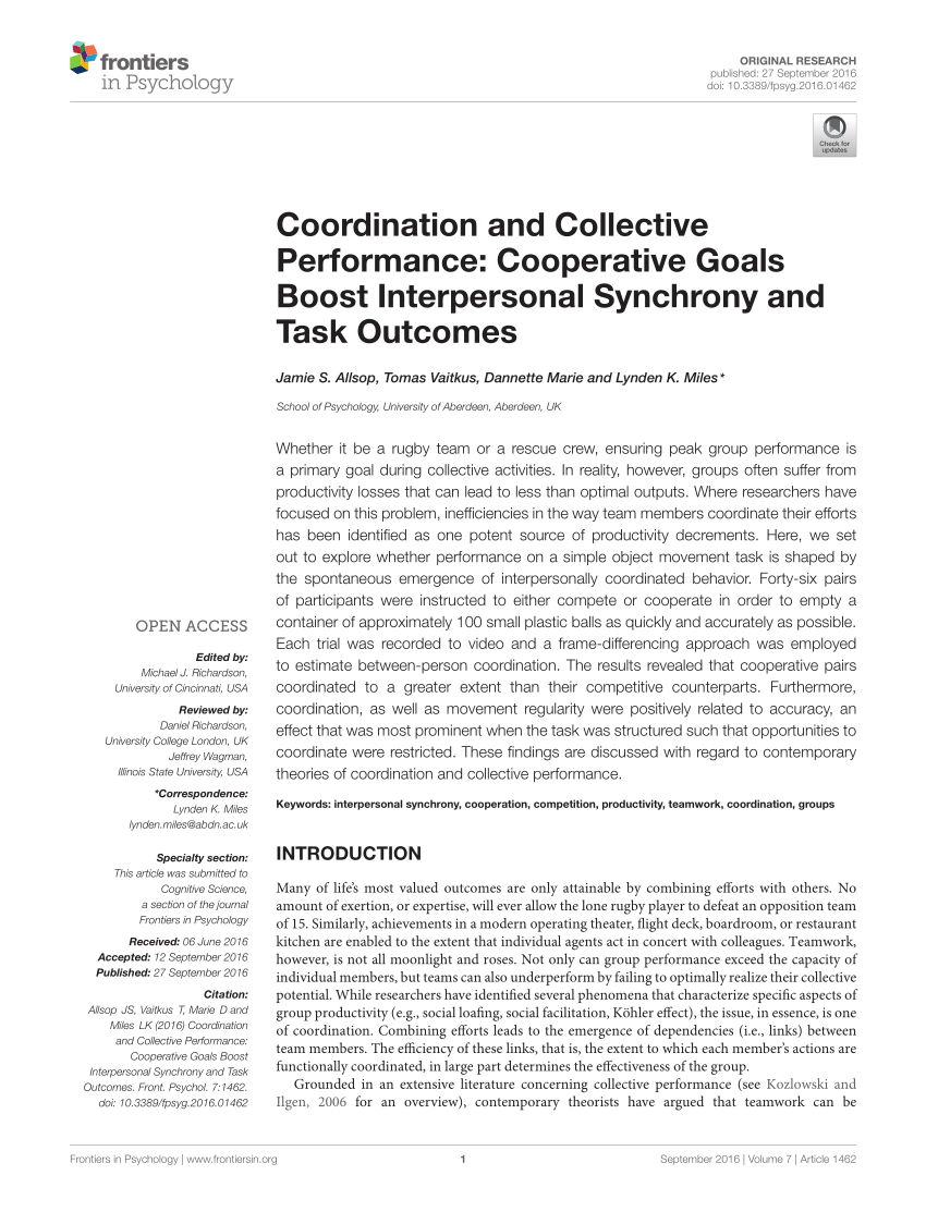 Pdf Coordination And Collective Performance Cooperative Goals Boost Interpersonal Synchrony And Task Outcomes