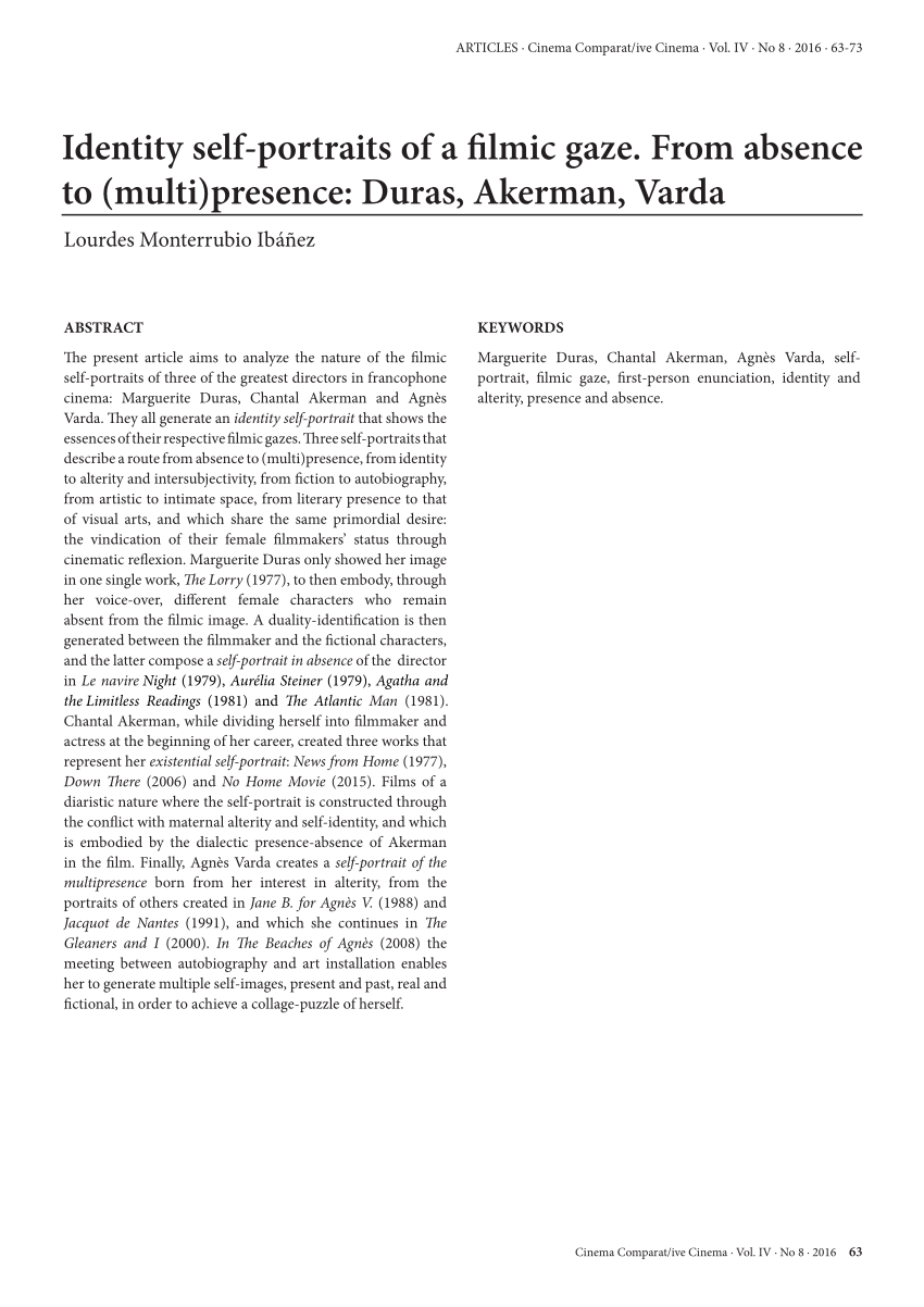 Pdf Identity Self Portraits Of A Filmic Gaze From Absence To Multi Presence Duras Akerman Varda Cinema Comparat Ive Cinema Nº 8 Pp 63 73 16