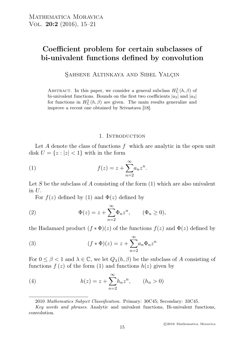 Pdf Coefficient Problem For Certain Subclasses Of Bi Univalent Functions Defined By Convolution