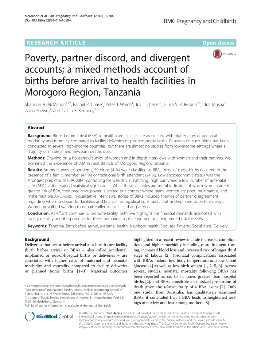 Pdf Poverty Partner Discord And Divergent Accounts A Mixed Methods Account Of Births Before Arrival To Health Facilities In Morogoro Region Tanzania