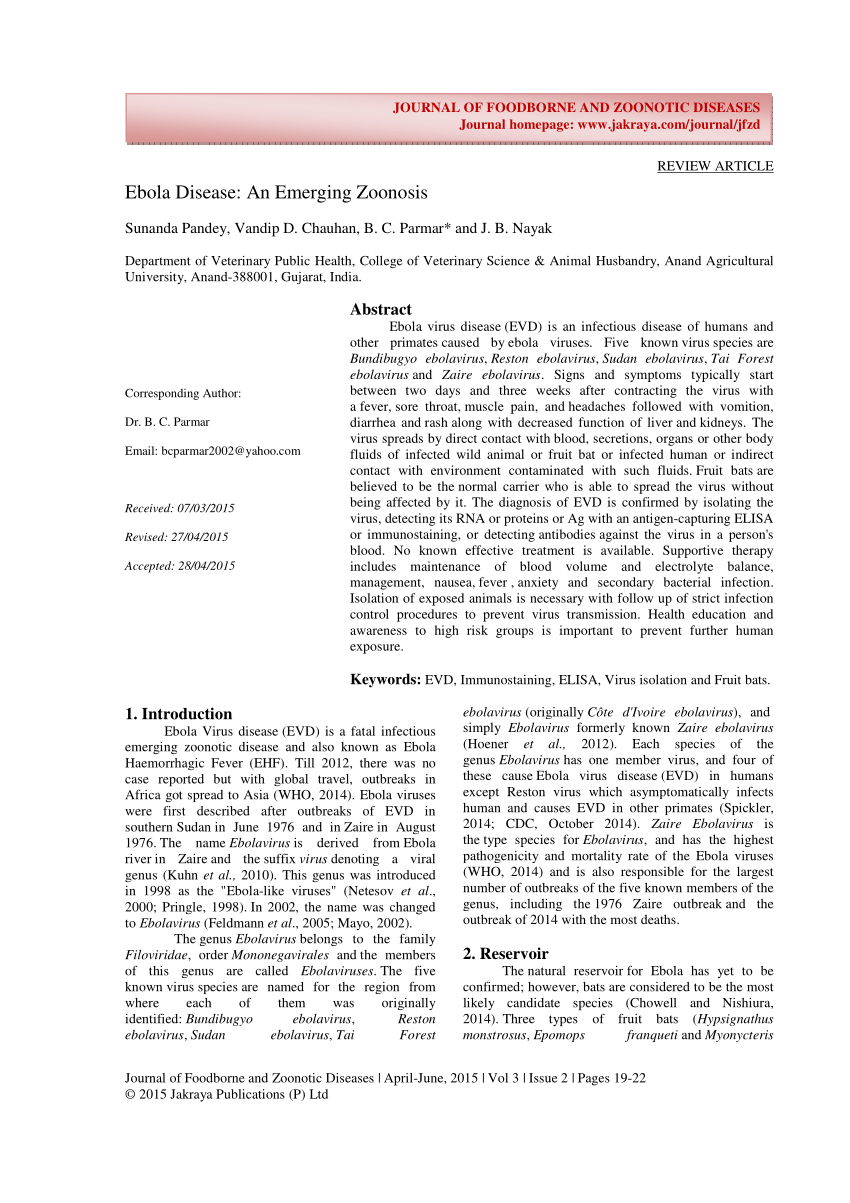 (PDF) Ebola Disease: An Emerging Zoonosis