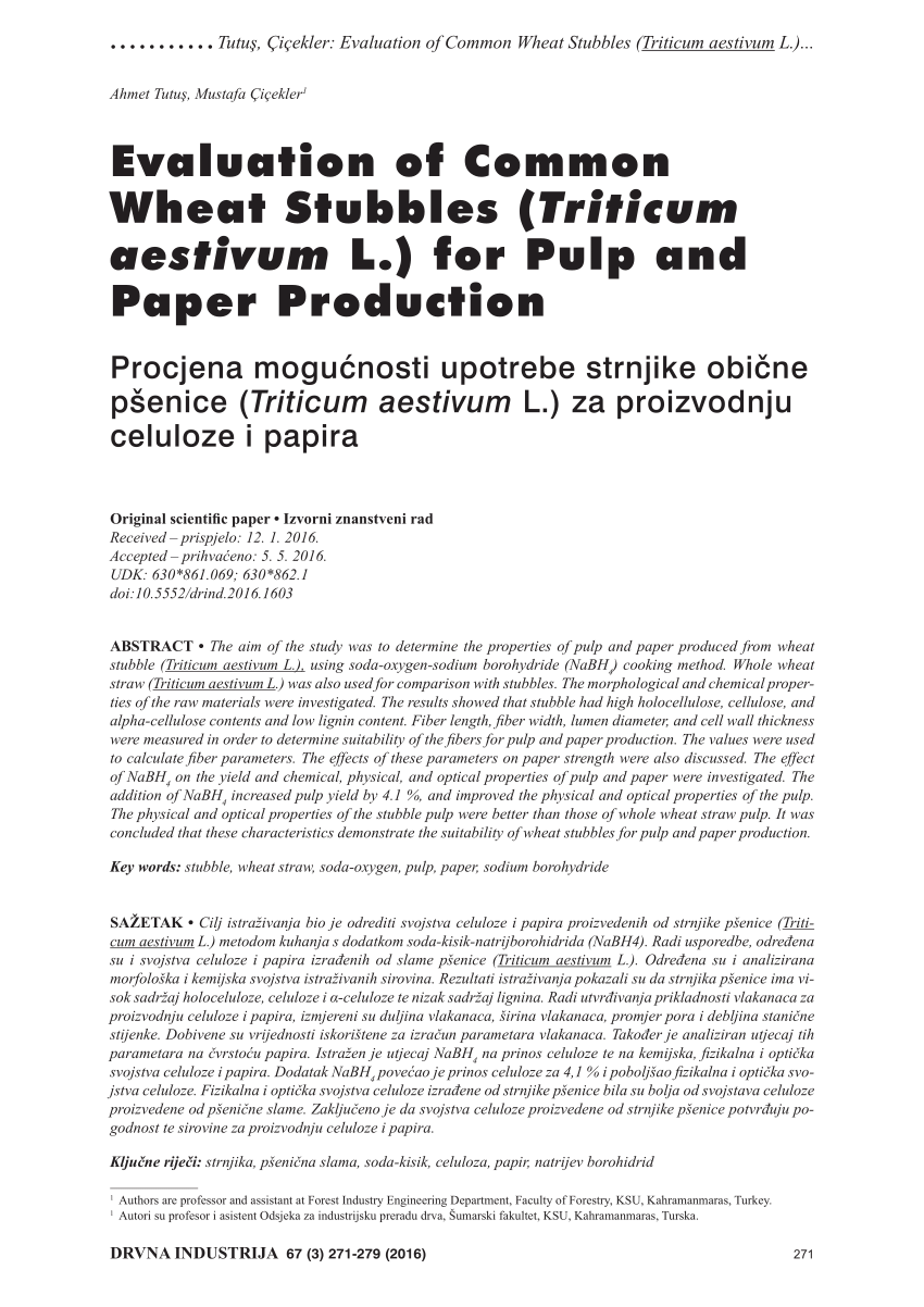 PDF) Evaluation Common Wheat Stubbles (Triticum L.) Pulp and Paper Production