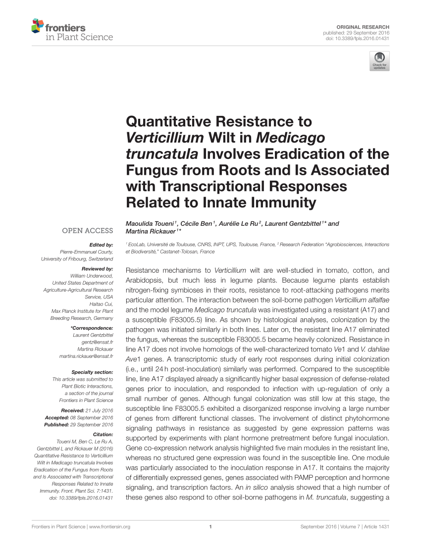 PDF) Quantitative Resistance to Verticillium Wilt in Medicago 