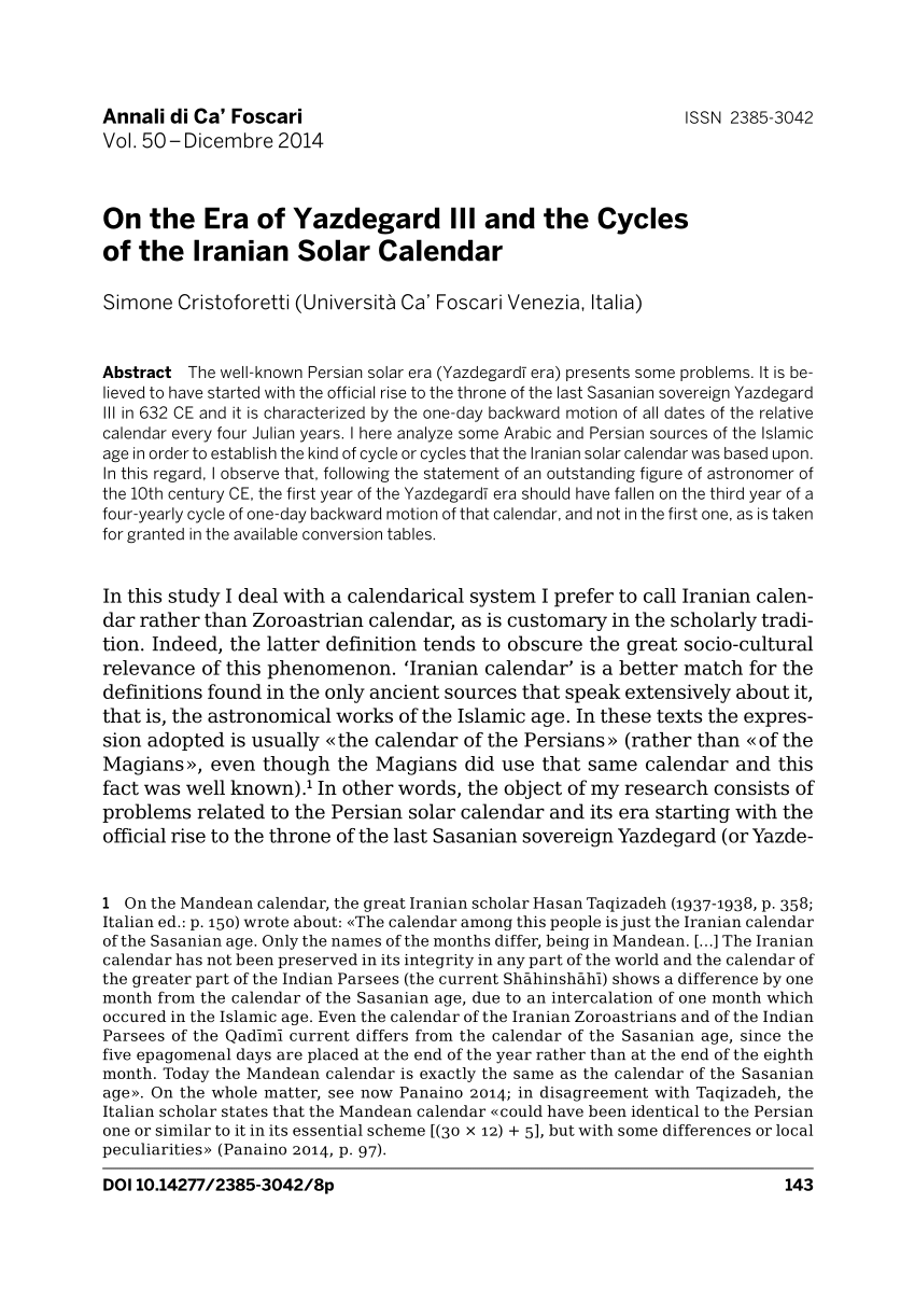 (PDF) On the Era of Yazdegard III and the Cycles of the Iranian Solar