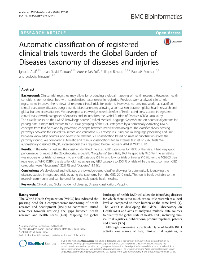 Pdf Automatic Classification Of Registered Clinical Trials Towards The Global Burden Of Diseases Taxonomy Of Diseases And Injuries