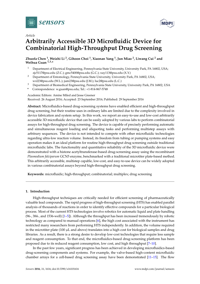 Pdf Arbitrarily Accessible 3d Microfluidic Device For Combinatorial High Throughput Drug Screening 8319