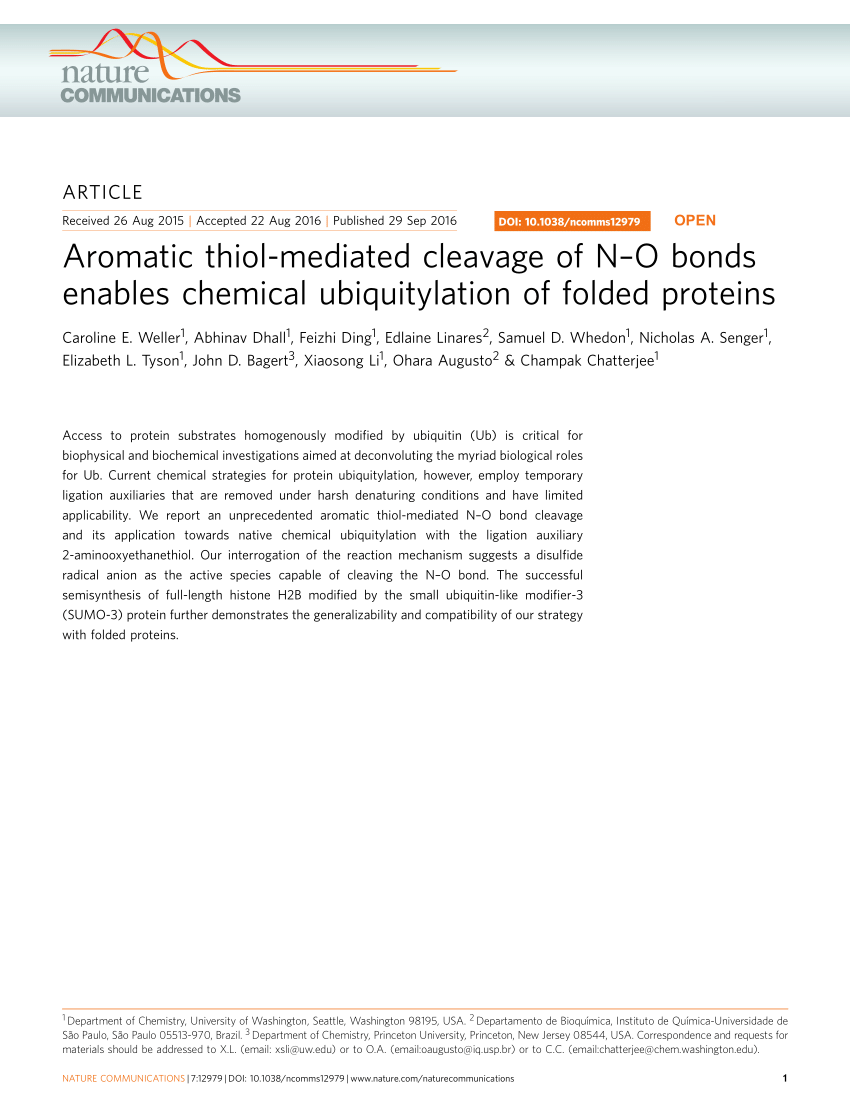 Pdf Aromatic Thiol Mediated Cleavage Of N O Bonds Enables Chemical Ubiquitylation Of Folded Proteins