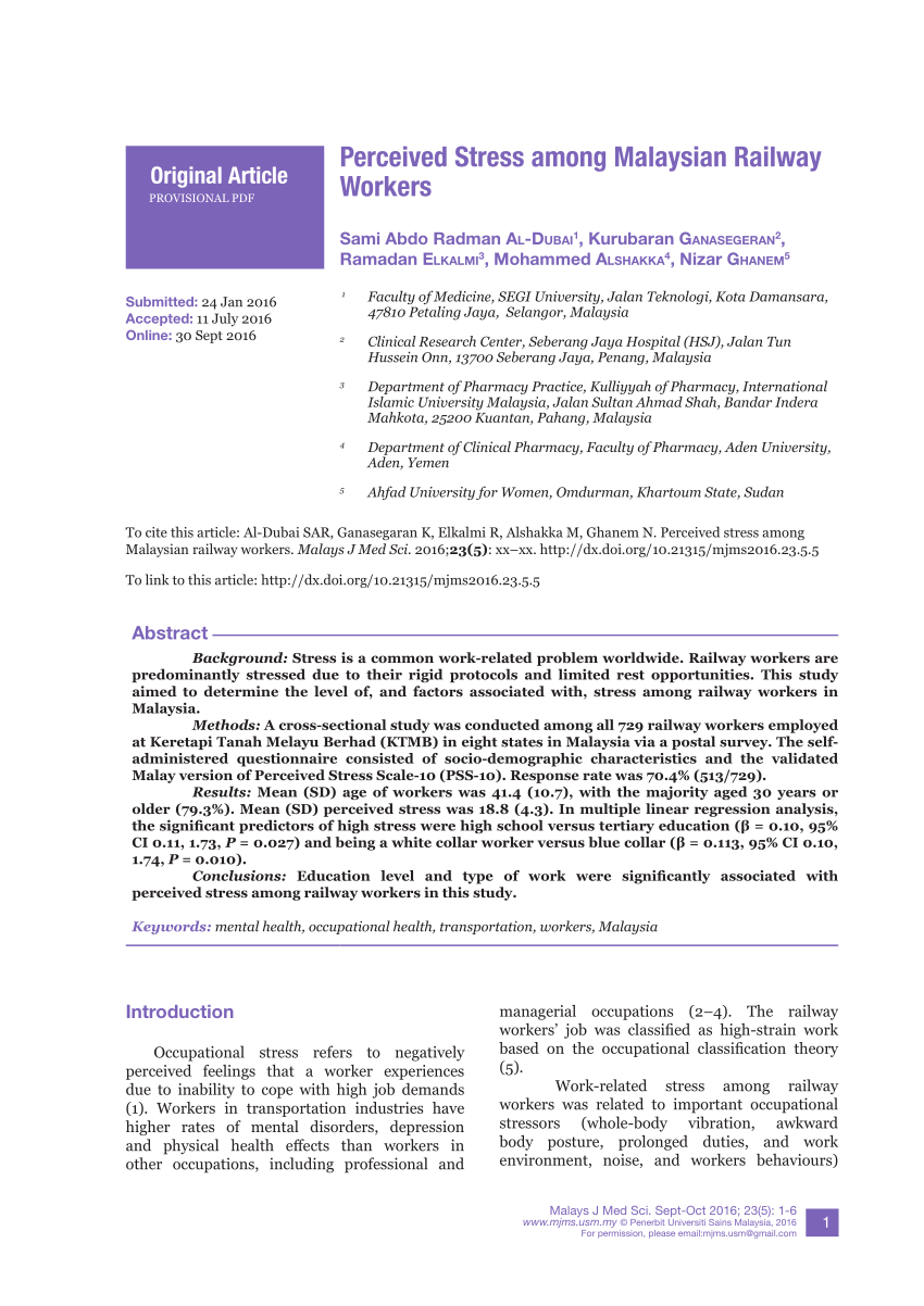 Pdf Perceived Stress Among Malaysian Railway Workers