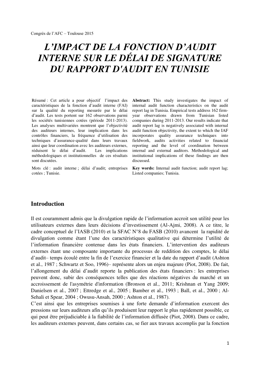 Pdf L Impact De L Interaction Entre Le Comite D Audit Et L Audit Interne Sur Delai De Signature Du Rapport D Audit En Tunisie