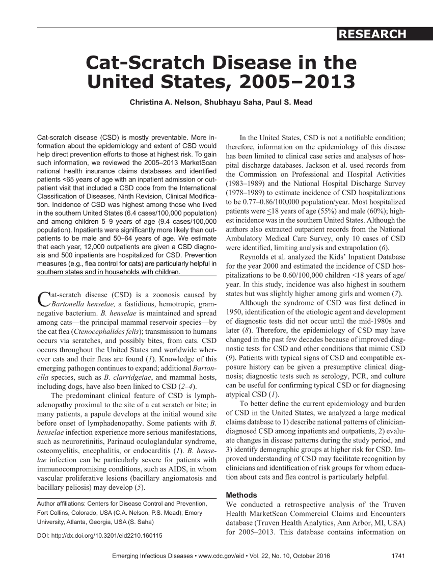 Pdf Cat Scratch Disease In The United States 20052013
