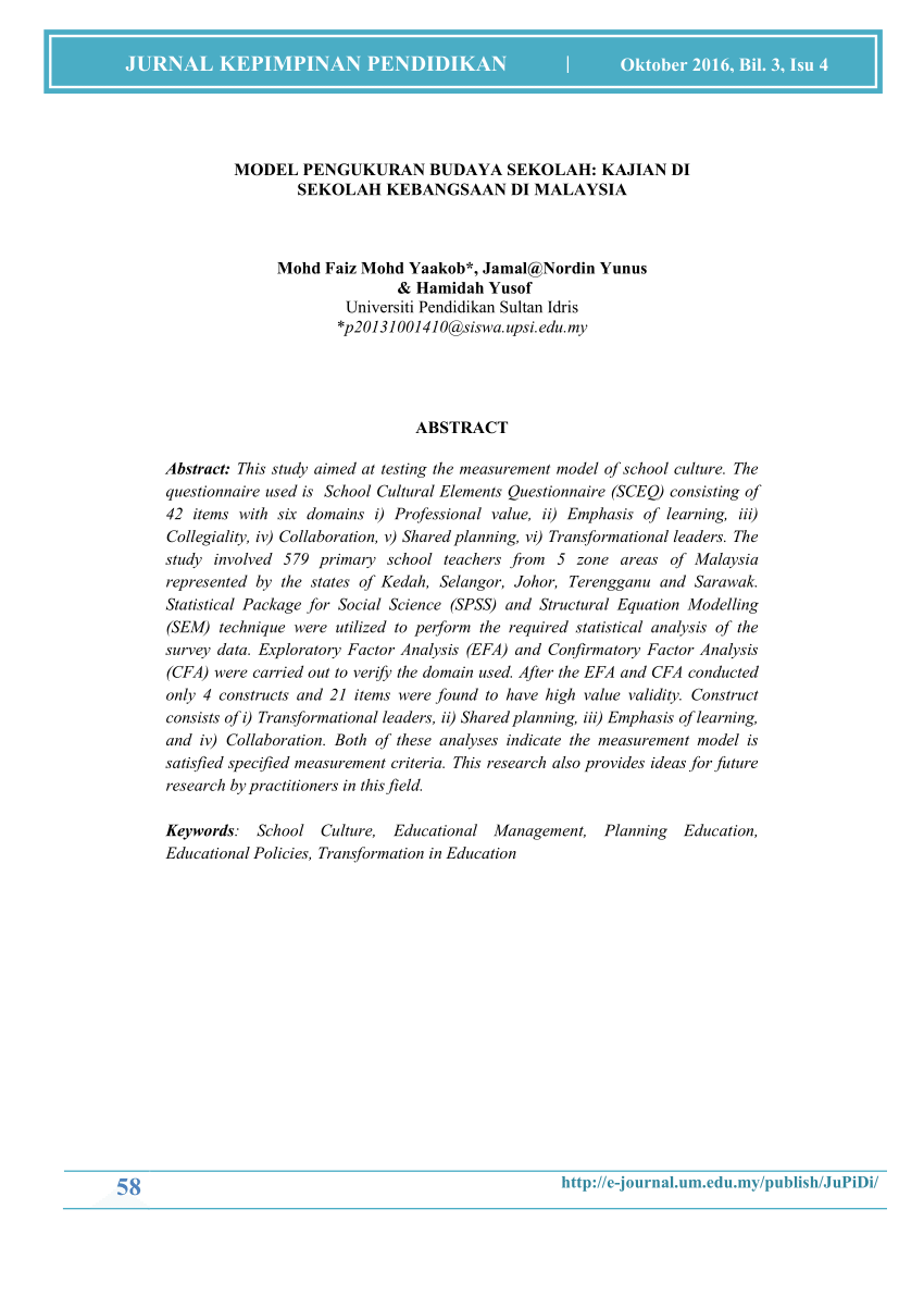 Pdf Model Pengukuran Budaya Sekolah Kajian Di Sekolah Kebangsaan Di Malaysia