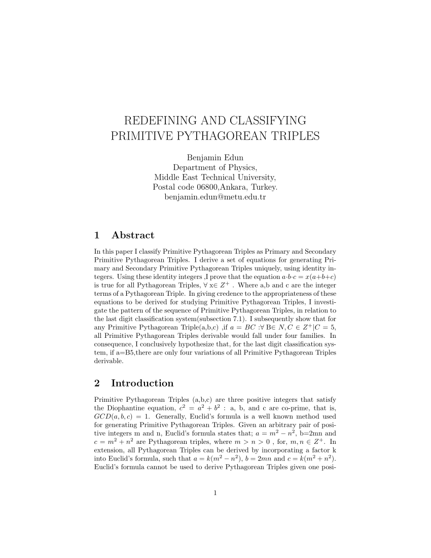 Pdf Redefining And Classifying Primitive Pythagorean Triples