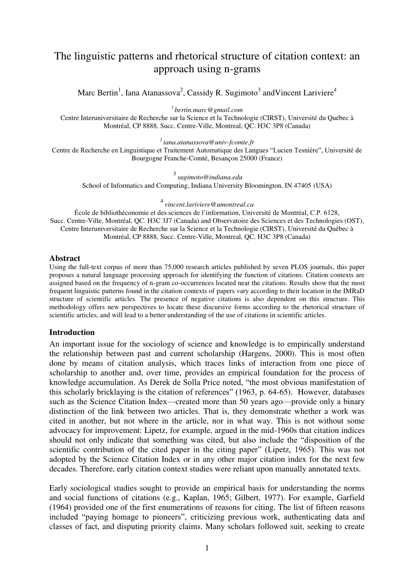 Pdf The Linguistic Patterns And Rhetorical Structure Of Citation Context An Approach Using N Grams