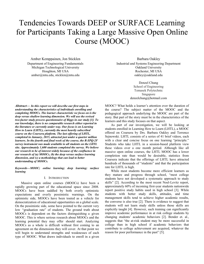 PDF) Tendencies towards DEEP or SURFACE learning for participants taking a  large massive open online course (MOOC)