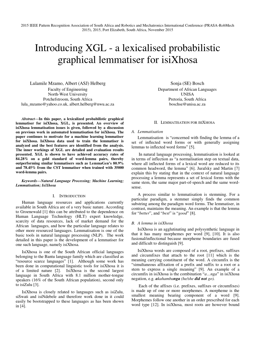 Pdf Introducing Xgl A Lexicalised Probabilistic Graphical Lemmatiser For Isixhosa