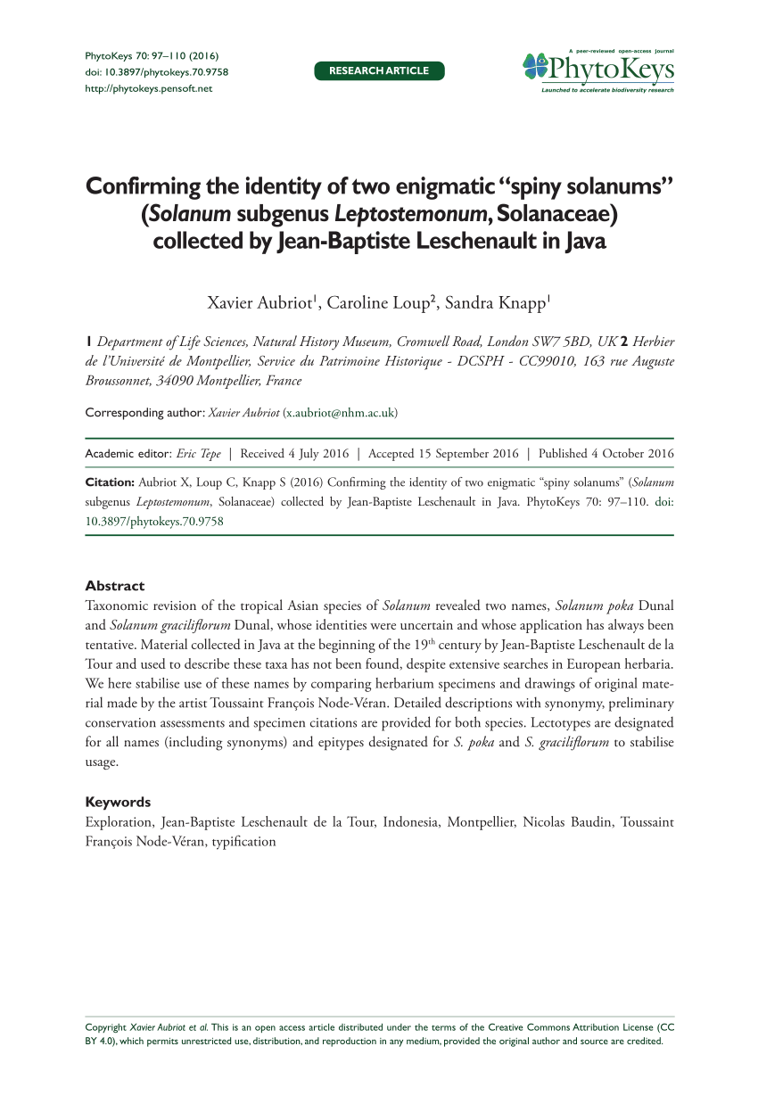 Pdf Confirming The Identity Of Two Enigmatic Spiny Solanums Solanum Subgenus Leptostemonum Solanaceae Collected By Jean Baptiste Leschenault In Java