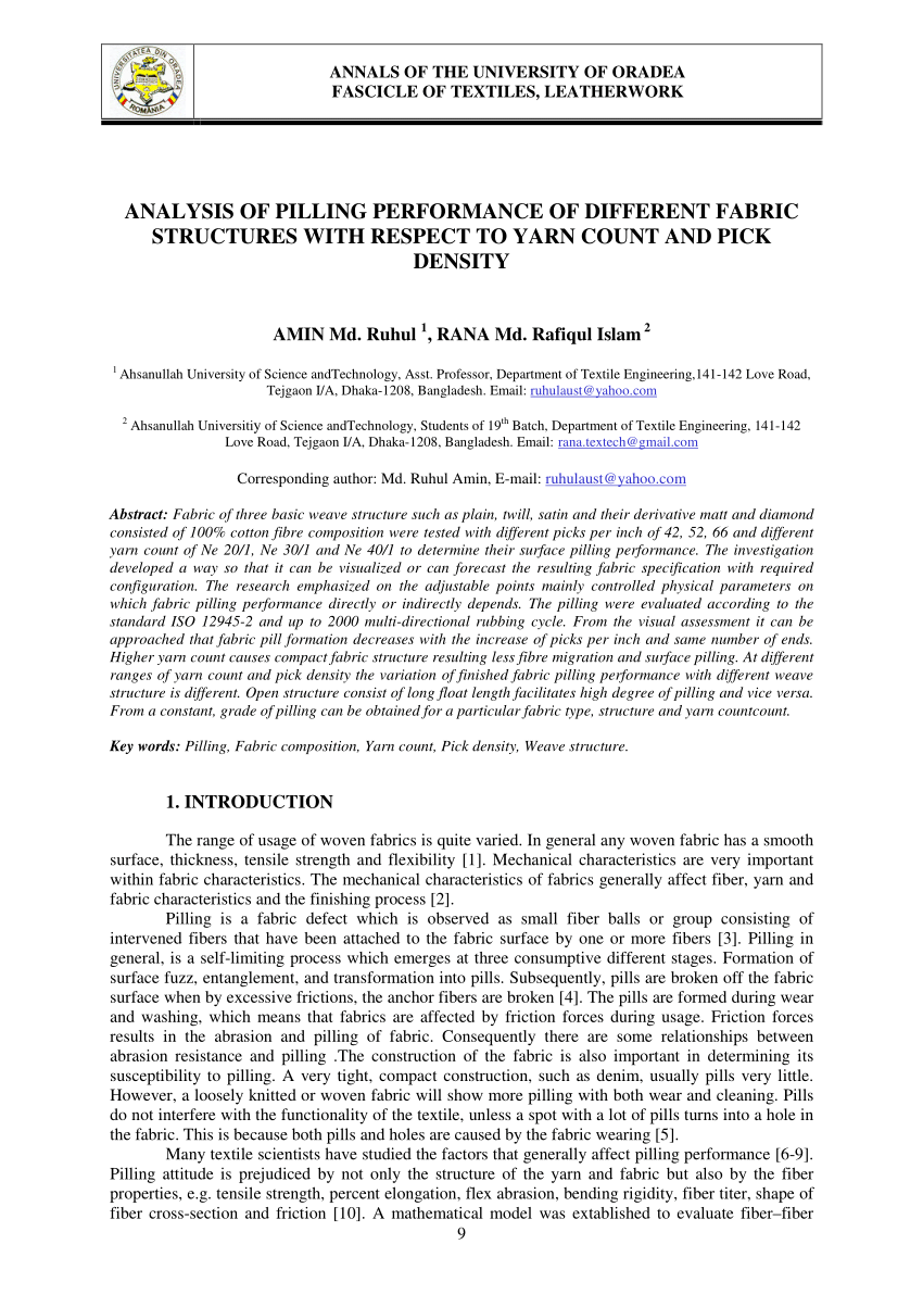 Pdf Analysis Of Pilling Performance Of Different Fabric Structures With Respect To Yarn Count And Pick Density