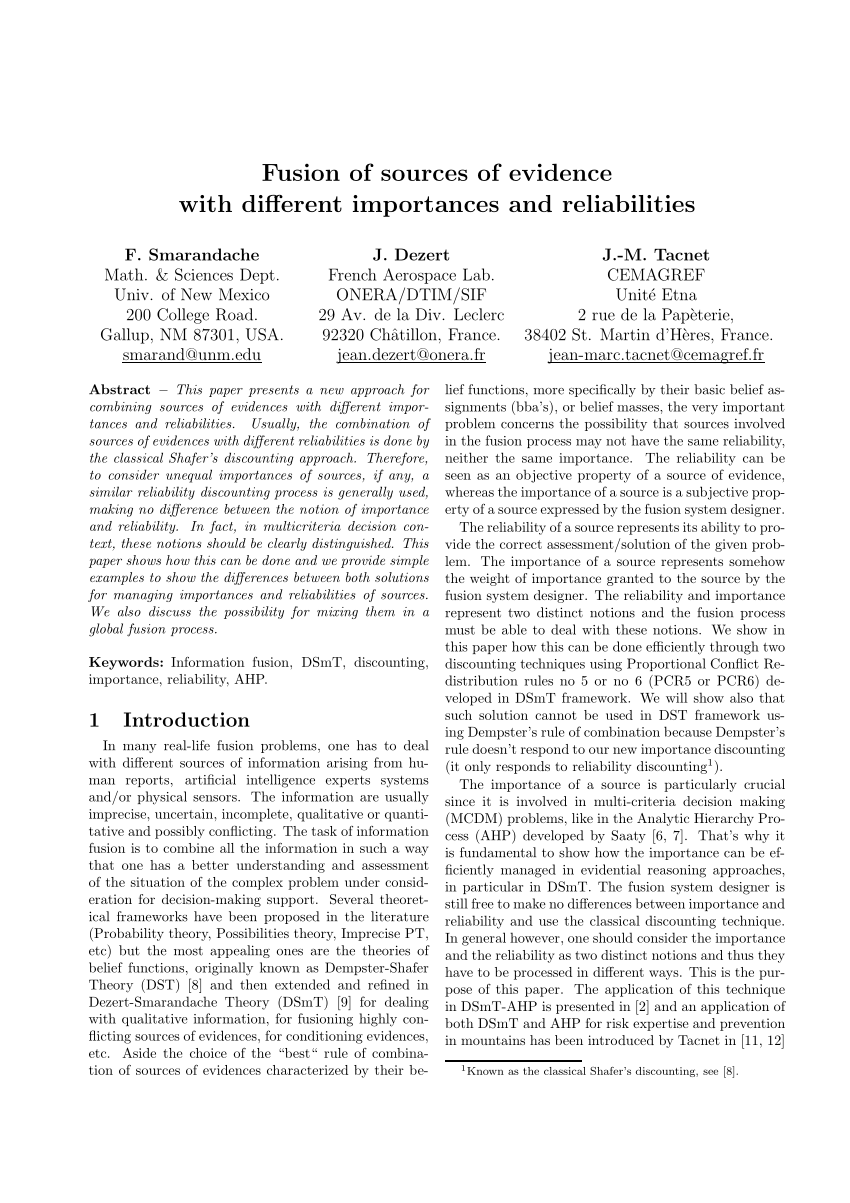 Pdf Fusion Of Sources Of Evidence With Different Importances And Reliabilities