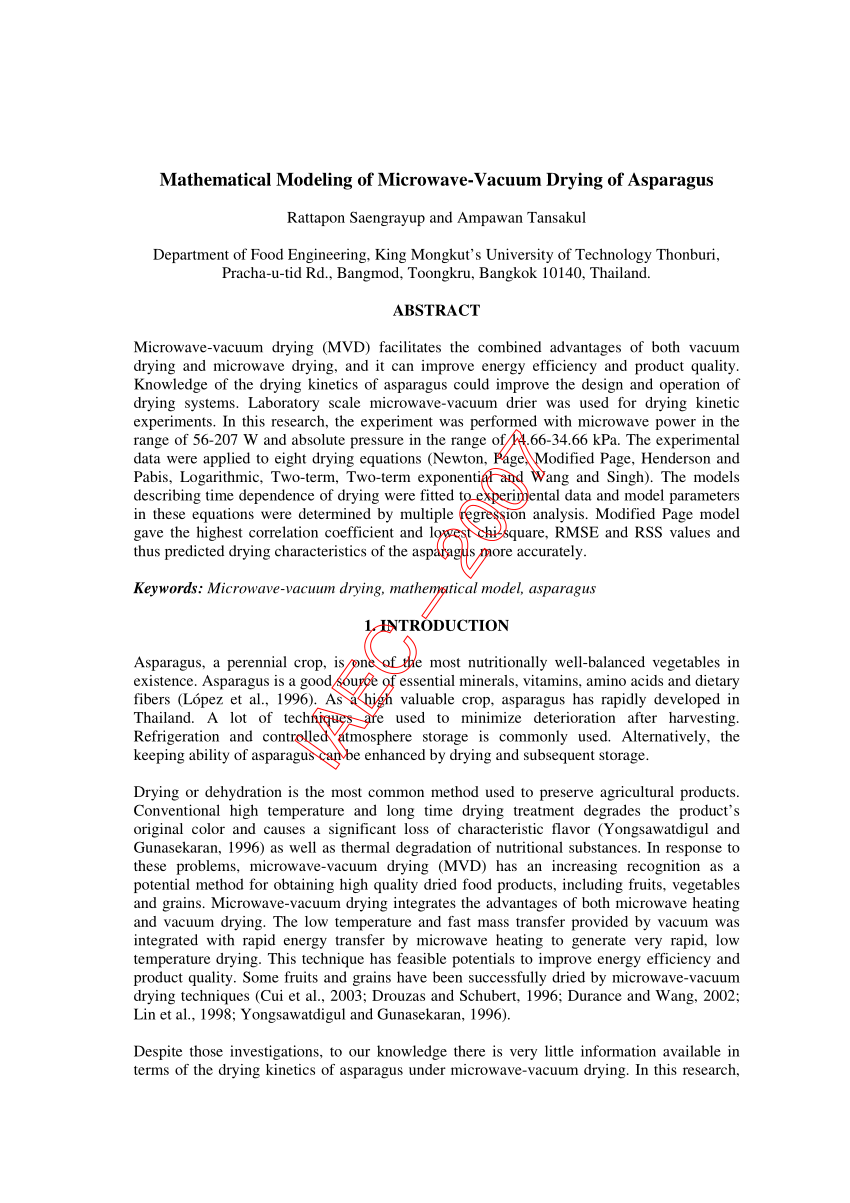 (PDF) Mathematical Modeling of Microwave-Vacuum Drying of Asparagus