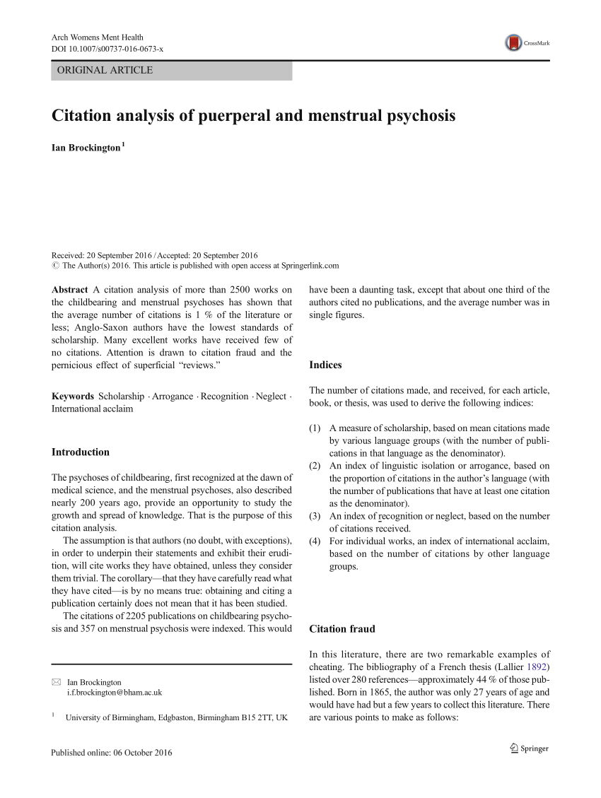 Pdf Citation Analysis Of Puerperal And Menstrual Psychosis