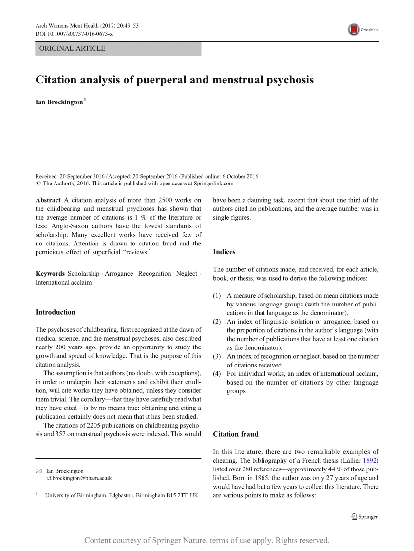 Pdf Citation Analysis Of Puerperal And Menstrual Psychosis