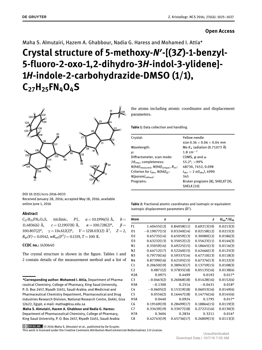 Pdf Crystal Structure Of 5 Methoxy N 3z 1 Benzyl 5 Fluoro 2 Oxo 1 2 Dihydro 3h Indol 3 Ylidene 1h Indole 2 Carbohydrazide Dmso 1 1 C27h25fn4o4s