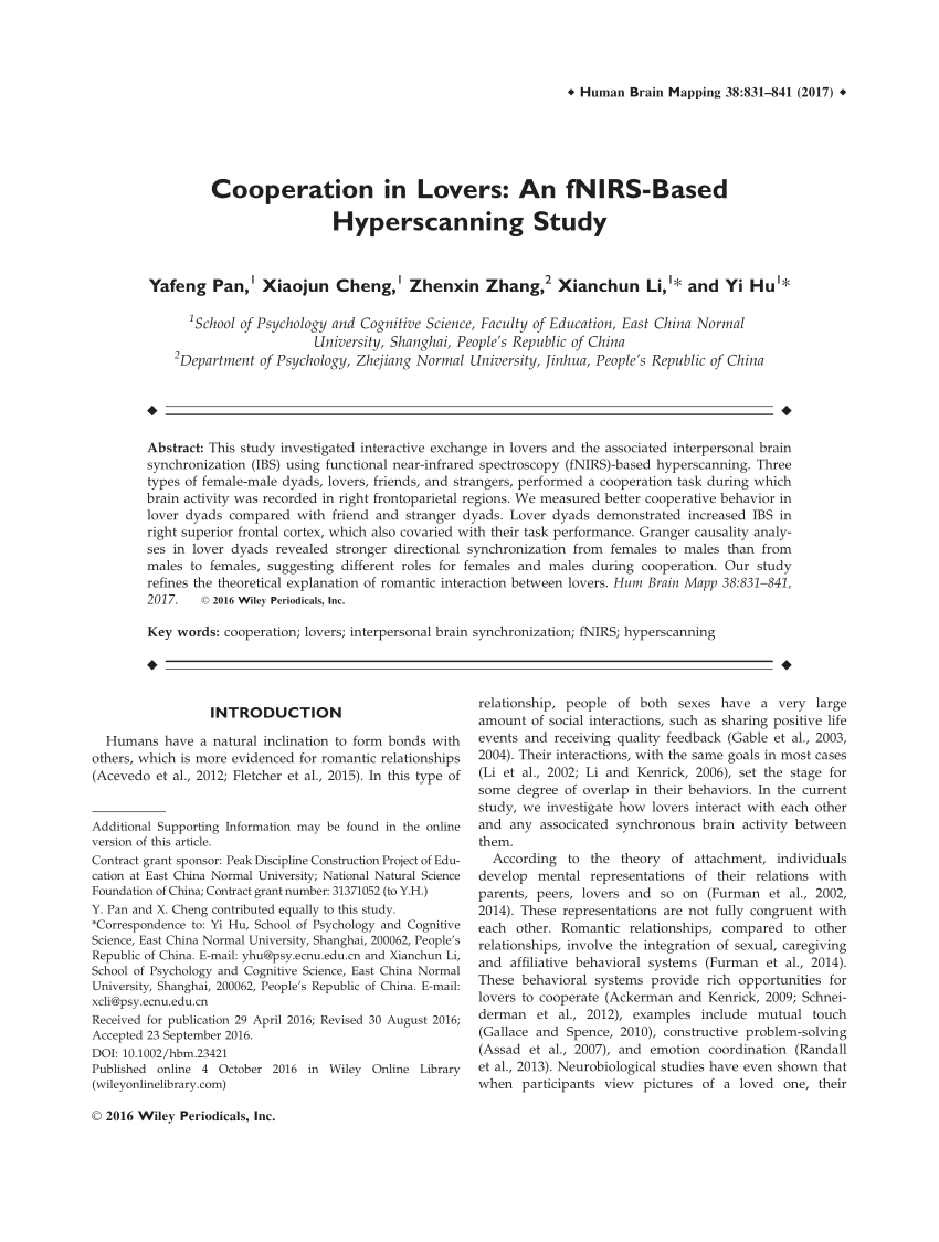 Pdf Cooperation In Lovers An Fnirs Based Hyperscanning Study