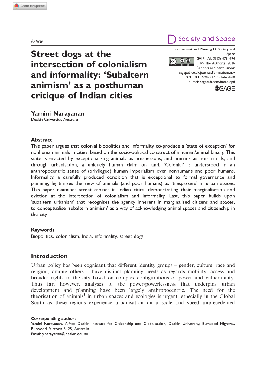 PDF) Street dogs at the intersection of colonialism and informality:  'Subaltern animism' as a posthuman critique of Indian cities