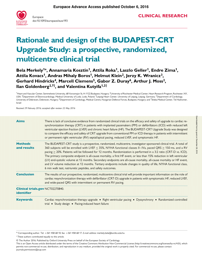 Rationale and design of the BUDAPEST-CRT Upgrade Study: A prospective, randomized, multicentre clinical trial
