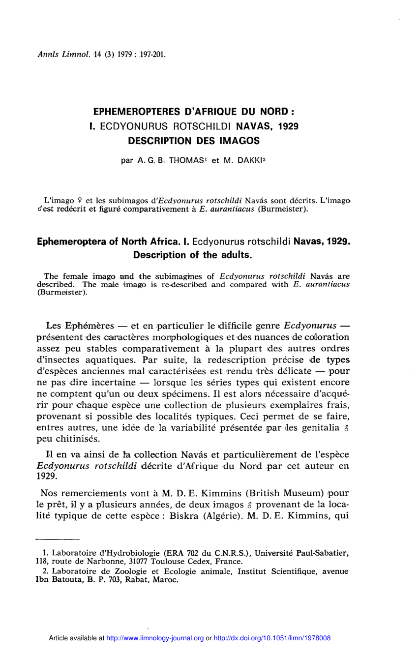 Pdf Ephemeropteres D Afrique Du Nord I Ecdyonurus Rotschildi Navas 1929 Description Des Imagos