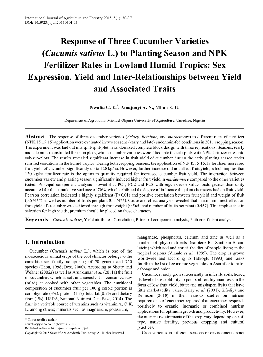 Pdf Response Of Three Cucumber Varieties Cucumis Sativus L To Planting Season And Npk Fertilizer Rates In Lowland Humid Tropics Sex Expression Yield And Inter Relationships Between Yield And Associated Traits