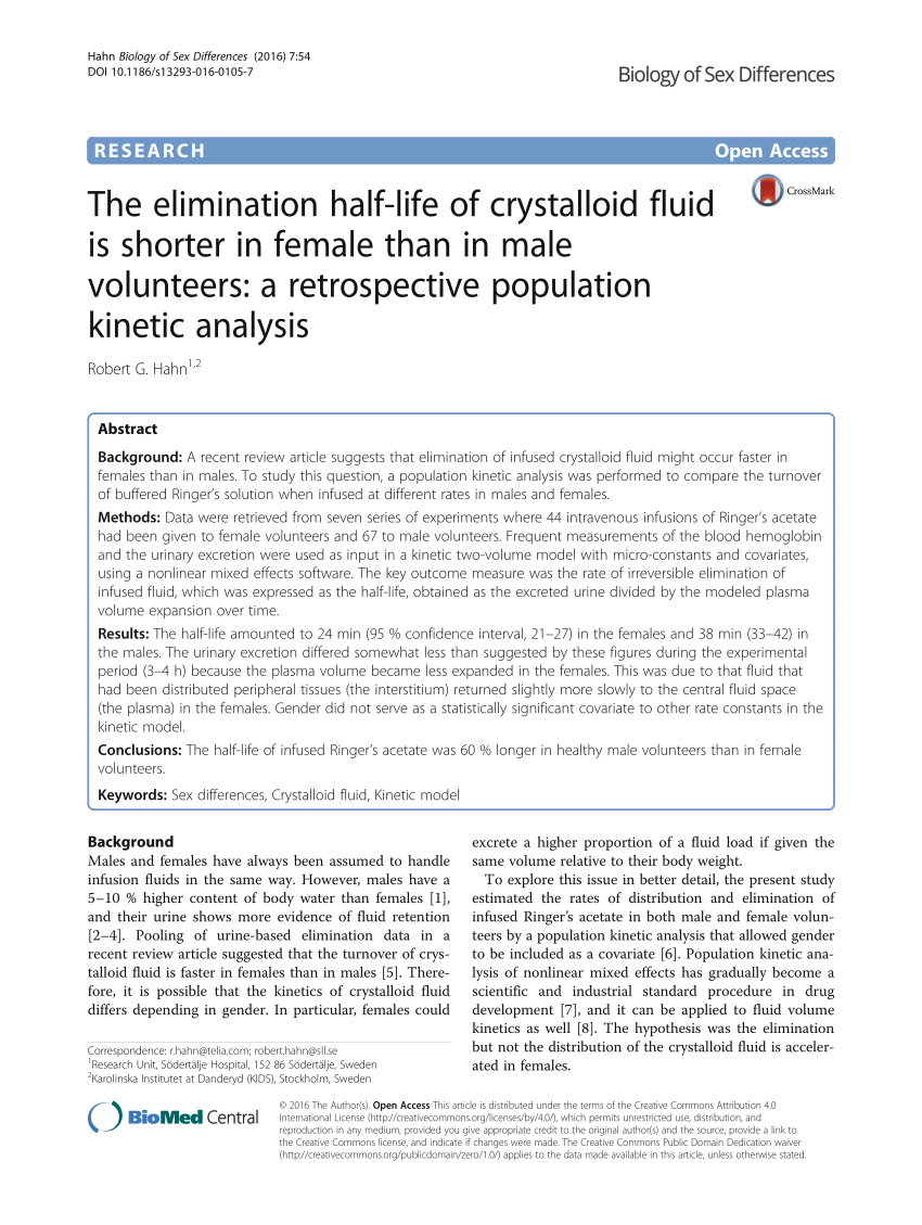 PDF) The elimination half-life of crystalloid fluid is shorter in female  than in male volunteers: a retrospective population kinetic analysis