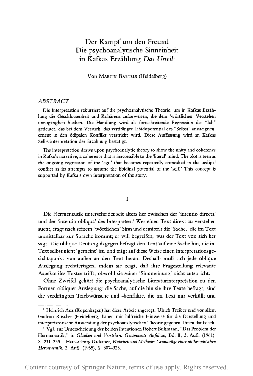 Der Kampf Um Den Freund Die Psychoanalytische Sinneinheit In Kafkas Erzählung Das Urteilder 